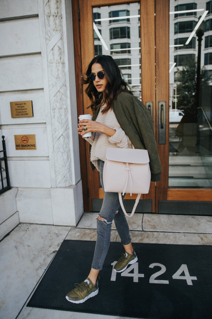 green sneakers with jeans